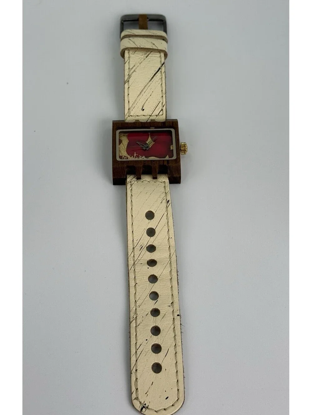 Mistura Wooden Watch Red Dial Birch Leather Strap Japan Movement Working